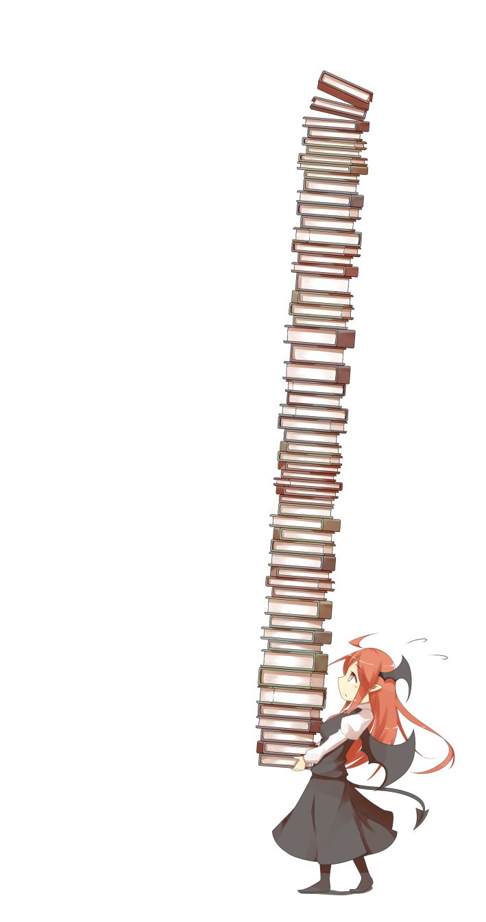 ahoge, and_dokari, bat_wings, black_legwear, book, book_focus, book_stack, book_tower