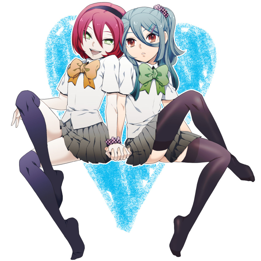 blue_hair, brown_eyes, crossdressinging, crossed_legs, green_eyes, hair_ornament, hairband, hairclip