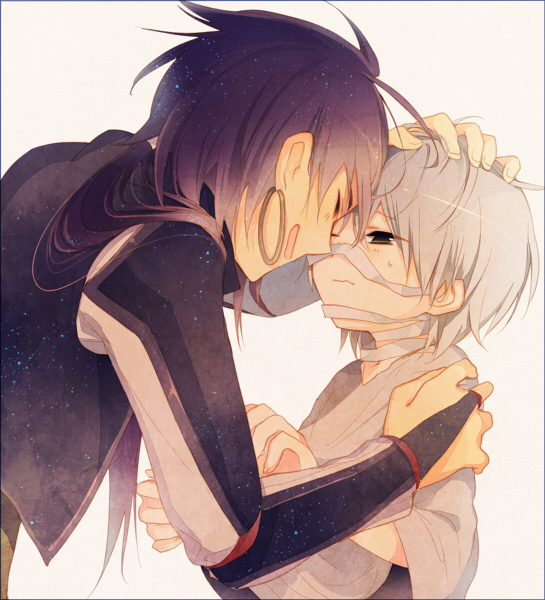 akinoko_(pixiv304871), bandage, bandages, closed_eyes, earrings, eyes_closed, ja'far, ja'far, jewelry, long_hair, magi_the_labyrinth_of_magic, male, multiple_boys, purple_hair, short_hair, sinbad_(magi), white_hair, young