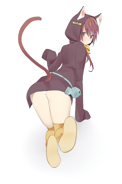 ass, bad_id, bag, boots, bow, brown_eyes, brown_hair, cat_ears, cat_tail, from_behind, hair_bow, hoodie, kneeling, looking_back, no_pants, oekaki, original, panties, purse, simple_background, sketch, sweater, tail, tyobimiru, underwear, white_panties