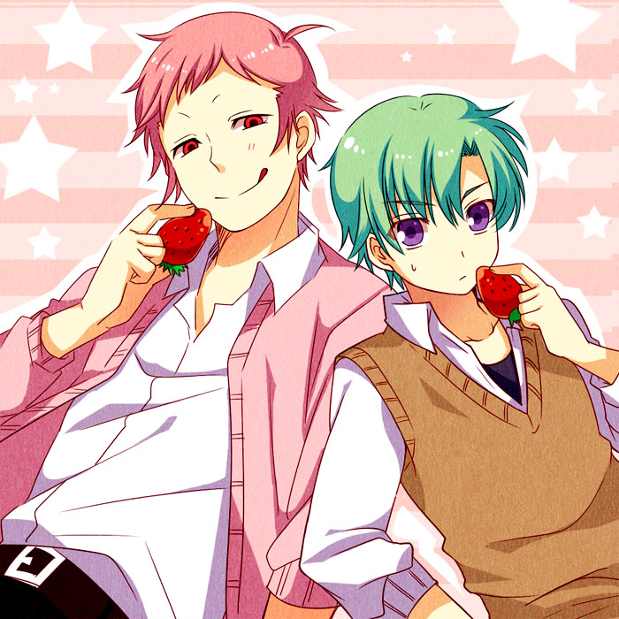 :q, alternate_costume, belt, food, fruit, green_hair, hasta_ekstermi, holding, holding_fruit, holding_strawberry, male, multiple_boys, pink_background, pink_hair, purple_eyes, red_eyes, shirt, spada_belforma, star, strawberry, tales_of_(series), tales_of_innocence, tongue, violet_eyes, yukishiro365