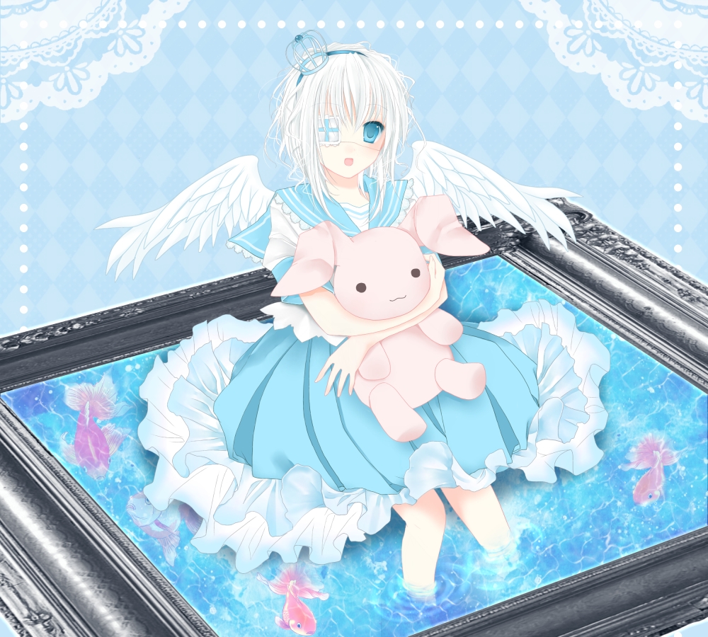 bad_id, blue_eyes, blush, crown, dress, eyepatch, fish, original, rara419, sitting, solo, stuffed_toy, water, white_hair, wings