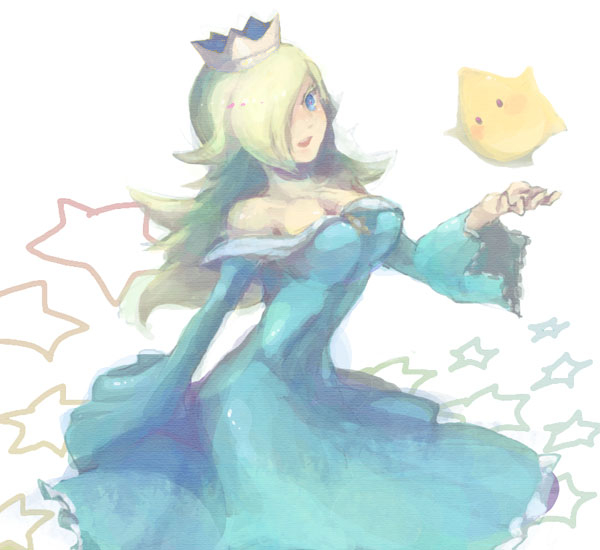 blonde_hair, blue_dress, blue_eyes, breasts, cleavage, crown, dress, hair_over_one_eye