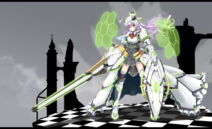 checkered, checkered_floor, fatkewell, gauntlets, greaves, highres, huge_weapon, large_weapon, long_hair, looking_at_viewer, marianne_wagner, necktie, original, purple_hair, red_eyes, shield, thigh-highs, thighhighs, weapon, zettai_ryouiki