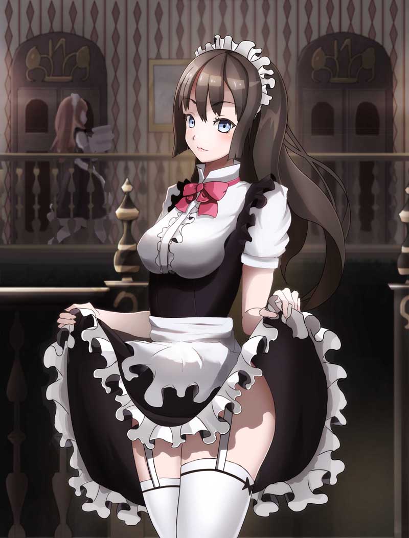 bad_id, blush, bowtie, breasts, brown_hair, frills, garter_straps, jpeg_artifacts, long_hair, maid, maid_headdress, neet_(gkmk79), original, skirt, skirt_lift, solo, thigh-highs, thighhighs, white_legwear