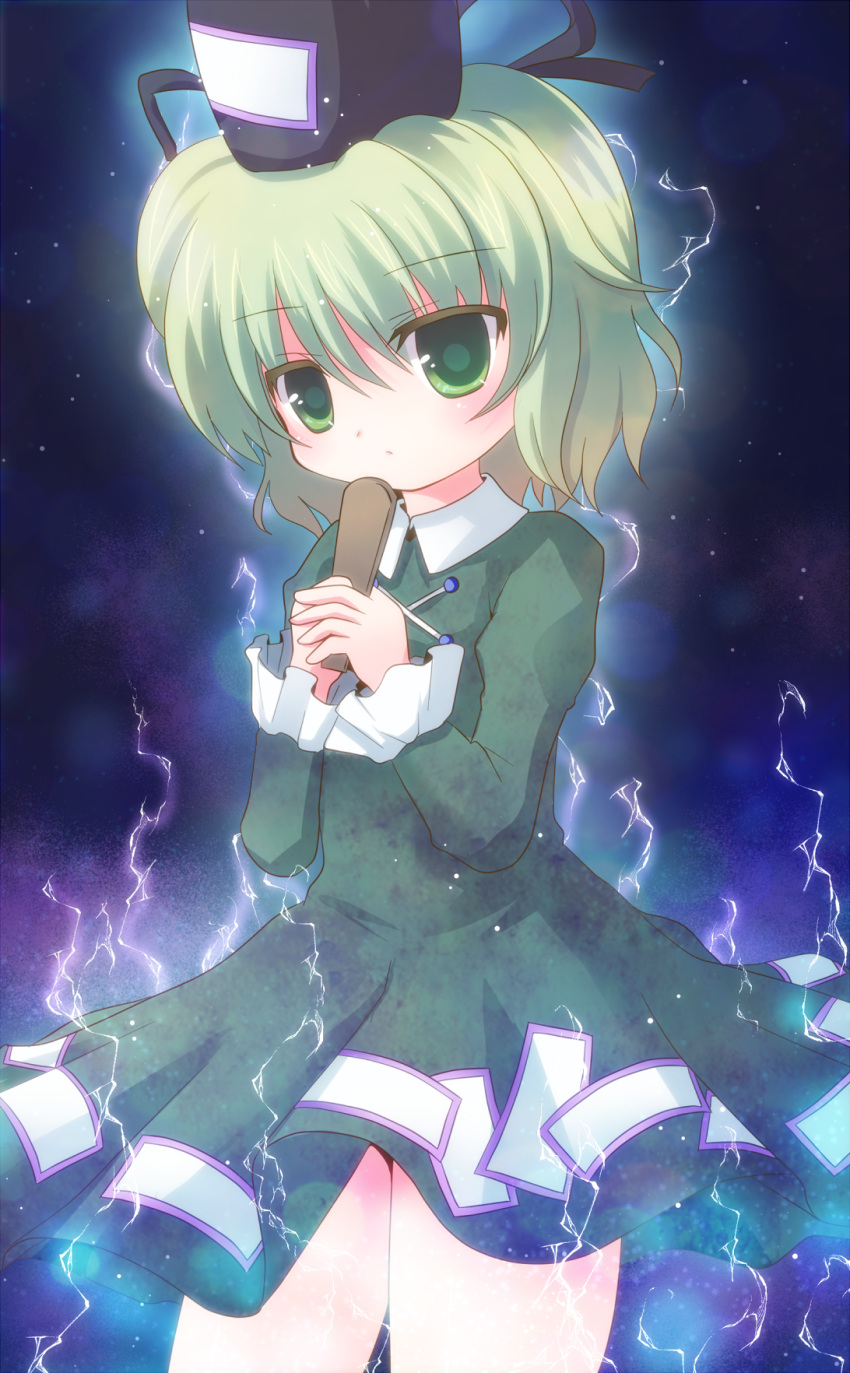 dress, green_dress, green_eyes, green_hair, hat, highres, nibii_(panda), short_hair, soga_no_tojiko, solo, tate_eboshi, touhou