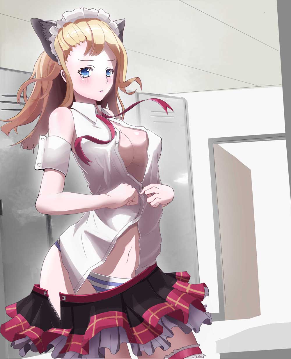 animal_ears, arm_cuffs, bad_id, blonde_hair, blue_eyes, blush, breasts, cat_ears
