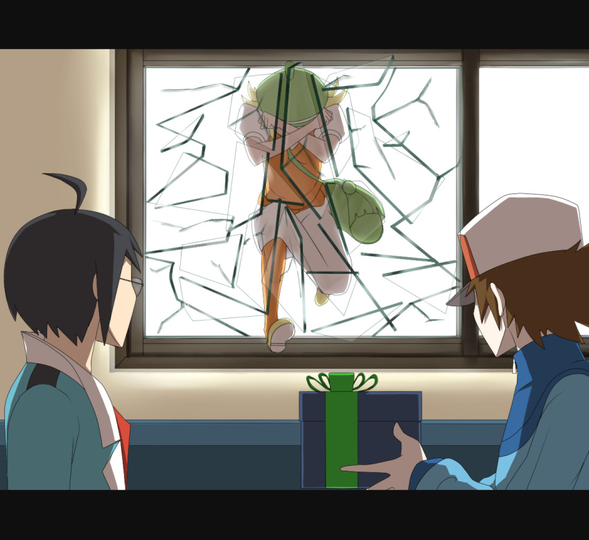 absurdres, ahoge, bad_id, bag, baseball_cap, bel_(pokemon), broken_glass, cheren_(pokemon)