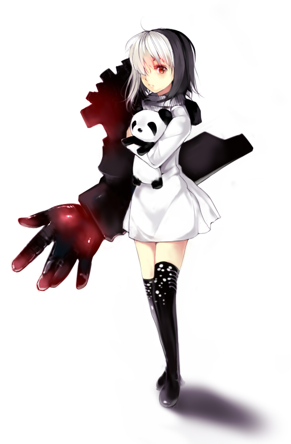 black_legwear, boots, dress, glowing_eyes, hair_over_one_eye, large_arm, multicolored_hair, nobusnow