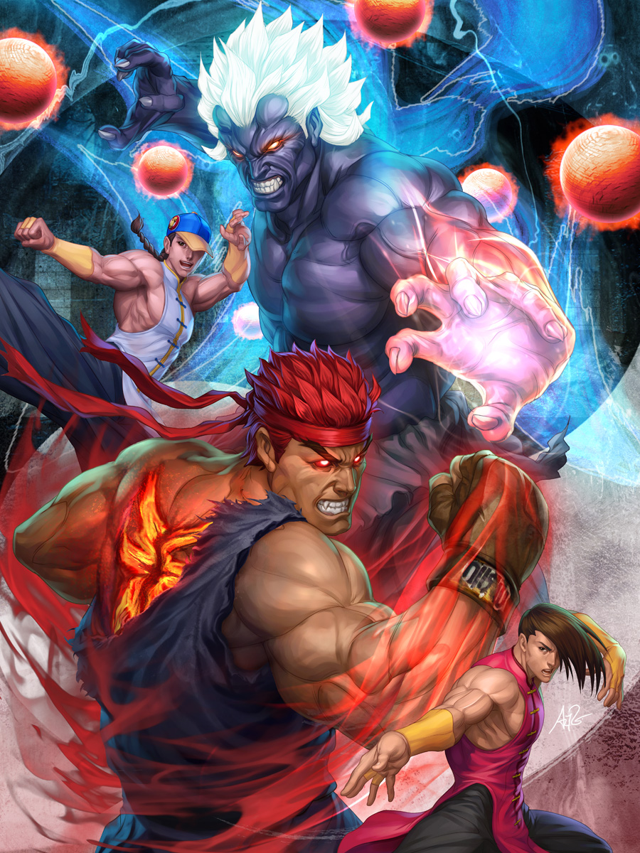 black_skin, braid, brown_hair, clenched_teeth, cover, energy, evil_ryuu, fangs