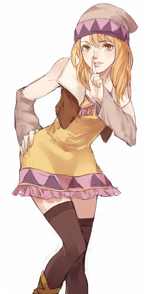 bad_id, bare_shoulders, beanie, blonde_hair, boots, brown_eyes, brown_legwear, detached_sleeves, dress, finger_to_lips, finger_to_mouth, hand_on_hip, hat, hips, jewelry, karina_lyle, leaning_forward, lipstick, long_hair, makeup, necklace, simple_background, sleeveless, sleeveless_dress, solo, tekla, thigh-highs, thighhighs, tiger_&amp;_bunny, vest, white_background, zettai_ryouiki