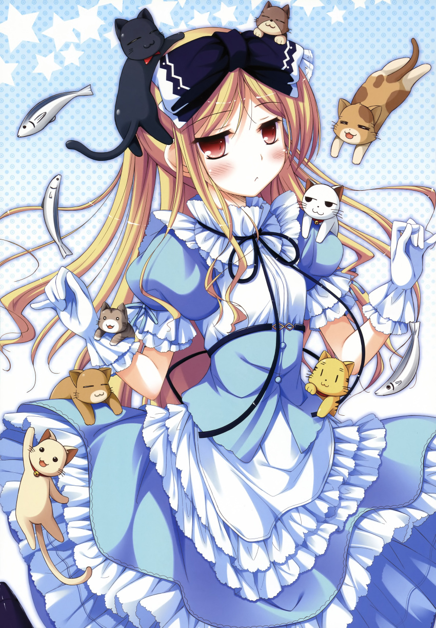 absurdres, avril, avril_(shukufuku_no_campanella), cat, fish, flat_gaze, highres, ko~cha