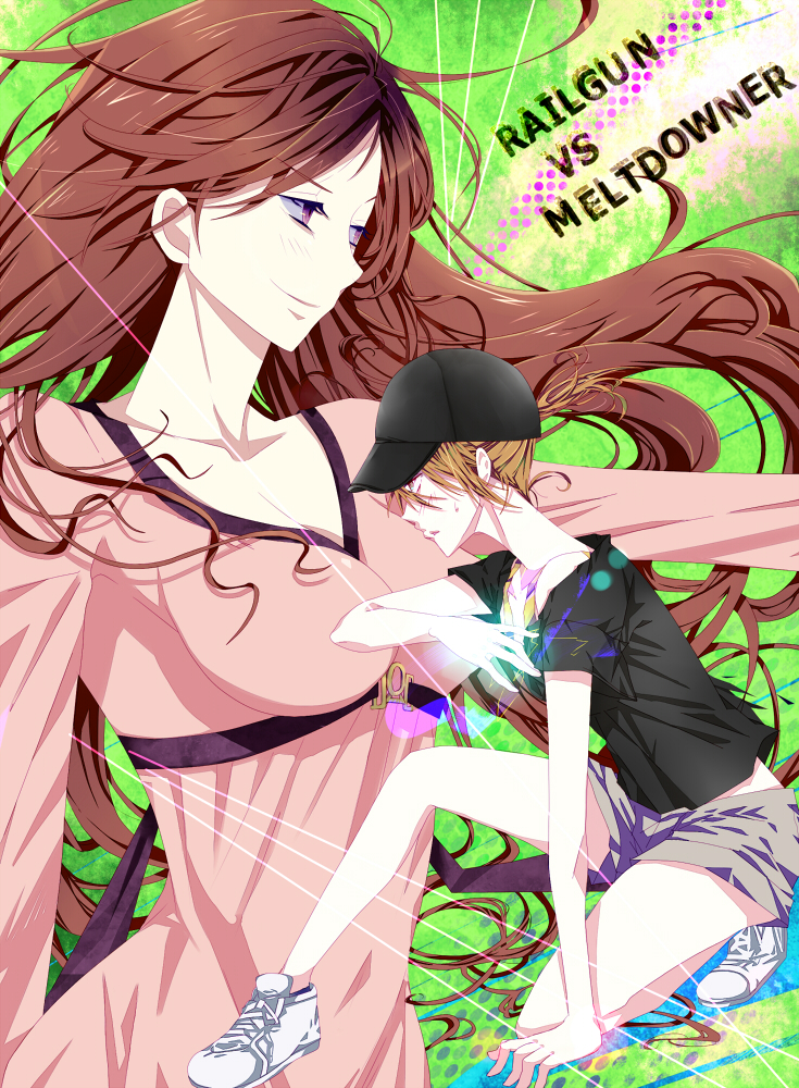 breasts, brown_hair, dress, electricity, hat, kanata_(mizubenisumutori), long_hair, misaka_mikoto, mugino_shizuri, shorts, to_aru_kagaku_no_railgun, to_aru_majutsu_no_index