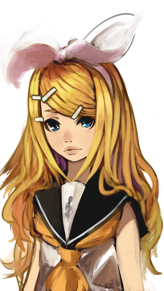 alternate_hairstyle, blonde_hair, blue_eyes, face, hair_ornament, hair_ribbon, hairpin, kagamine_rin