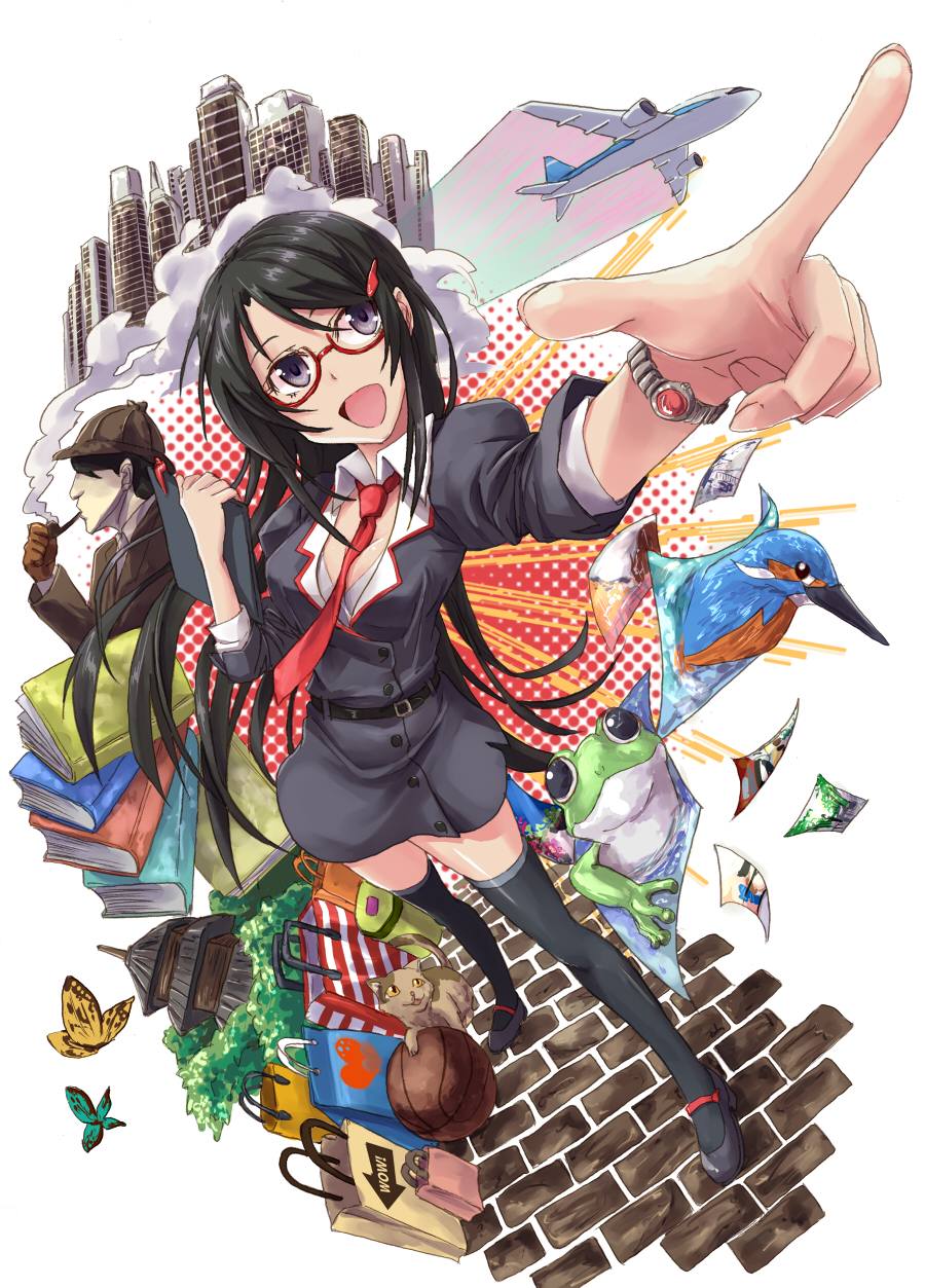 1girl, :d, abstract, airplane, basketball, bird, black_eyes, black_hair