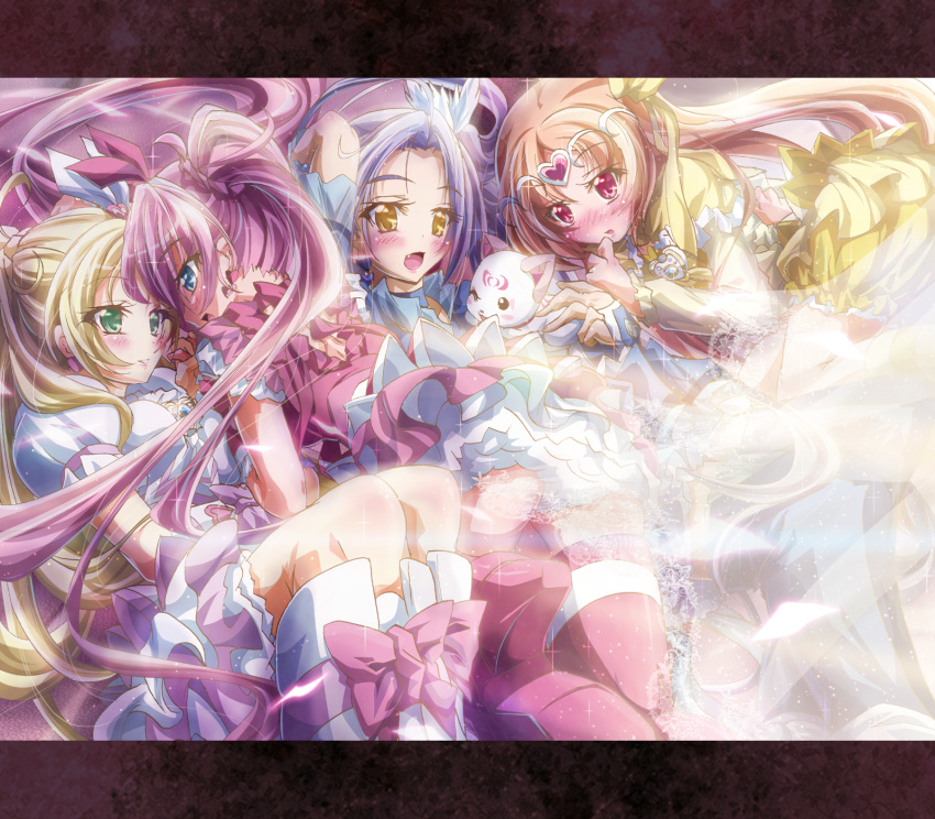 blonde_hair, blue_eyes, blush, breast_press, breasts, brown_hair, cure_beat, cure_melody, cure_muse, cure_muse_(yellow), cure_rhythm, fang, green_eyes, heart, highres, houjou_hibiki, hummy_(suite_precure), ikatomo, inoshishi_(ikatomo), kurokawa_ellen, letterboxed, long_hair, magical_girl, minamino_kanade, multiple_girls, mysterious_precure_(suite_precure), open_mouth, pink_hair, precure, purple_hair, red_eyes, shirabe_ako, siren_(suite_precure), spoilers, suite_precure, yellow_eyes, yuri