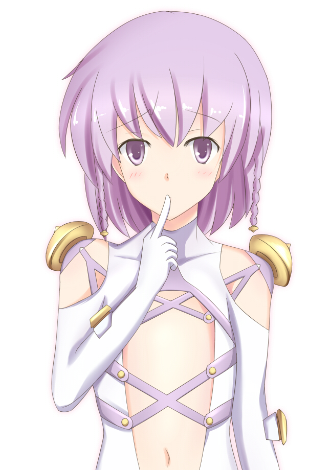 ar_tonelico_iii, bare_shoulders, blush, bodysuit, braid, finger_to_mouth, flat_chest, gust