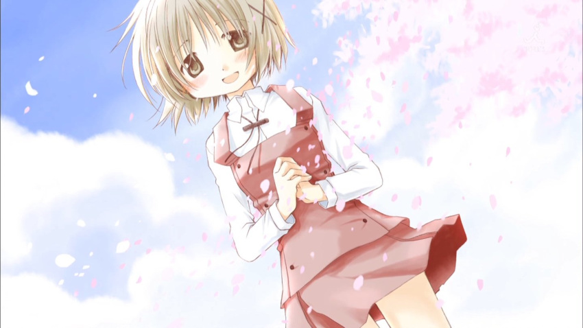 aoki_ume, blue_sky, blush, brown_eyes, brown_hair, cherry_blossoms, cloud, hair_ornament