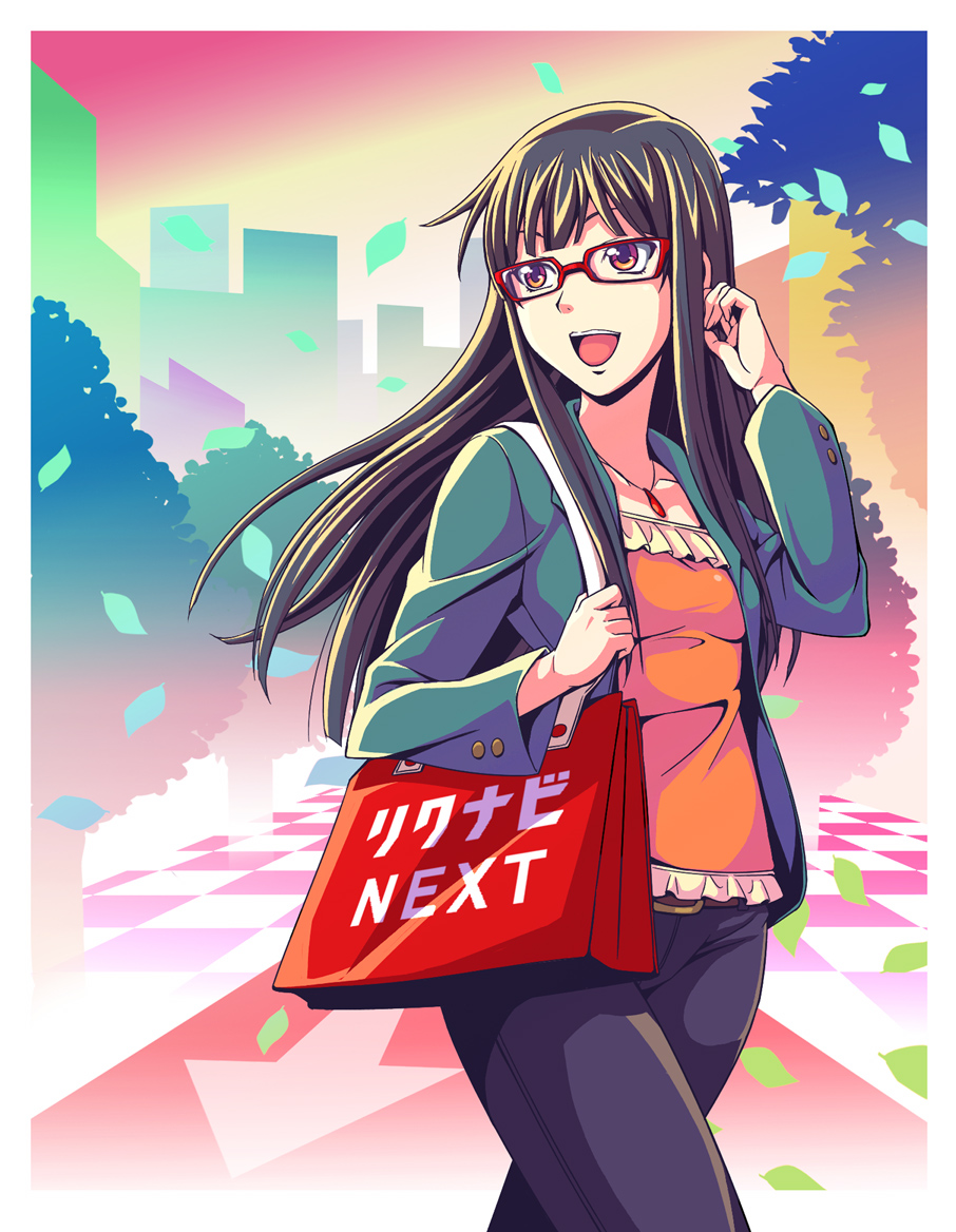 1girl, bag, belt, black_hair, brown_eyes, collarbone, e20, female