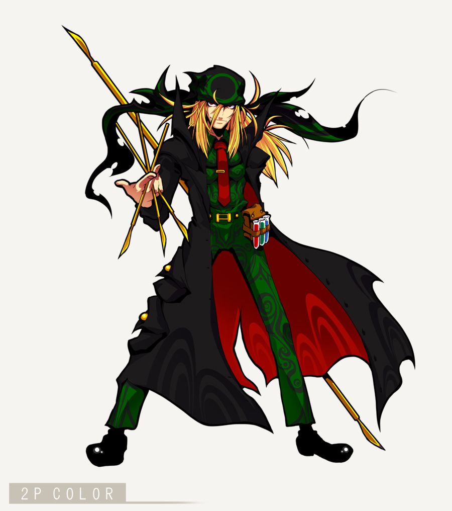 alternate_color, bandana, belt, blonde_hair, bowtie, ichikai, labcoat, long_hair, male, necktie, original, player_2, red_eyes, scalpel, simple_background, smile, smirk, solo, test_tube, vial, weapon