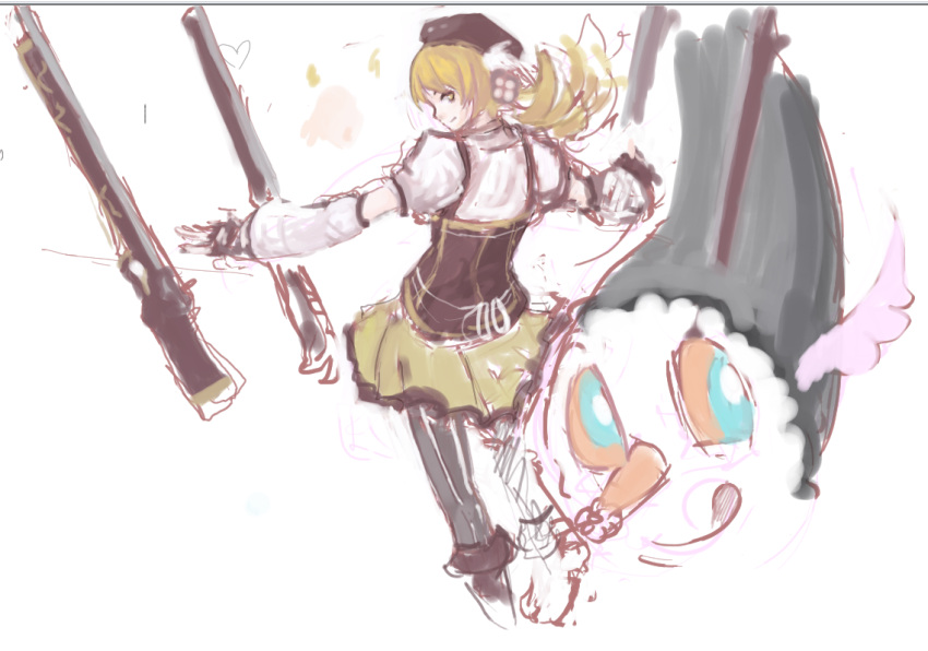 beret, blonde_hair, boots, charlotte_(madoka_magica), corset, detached_sleeves, fingerless_gloves, from_behind, gloves, grey_legwear, gun, hat, heart, magical_girl, magical_musket, mahou_shoujo_madoka_magica, musket, pan!ies, pantsu-pirate, pleated_skirt, puffy_sleeves, rifle, skirt, tomoe_mami, tongue, traditional_media, weapon