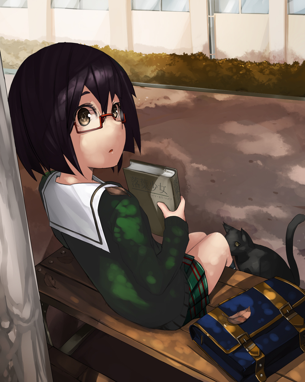 :o, bench, black_cat, black_cat_(animal), black_hair, book, brown_eyes, cat