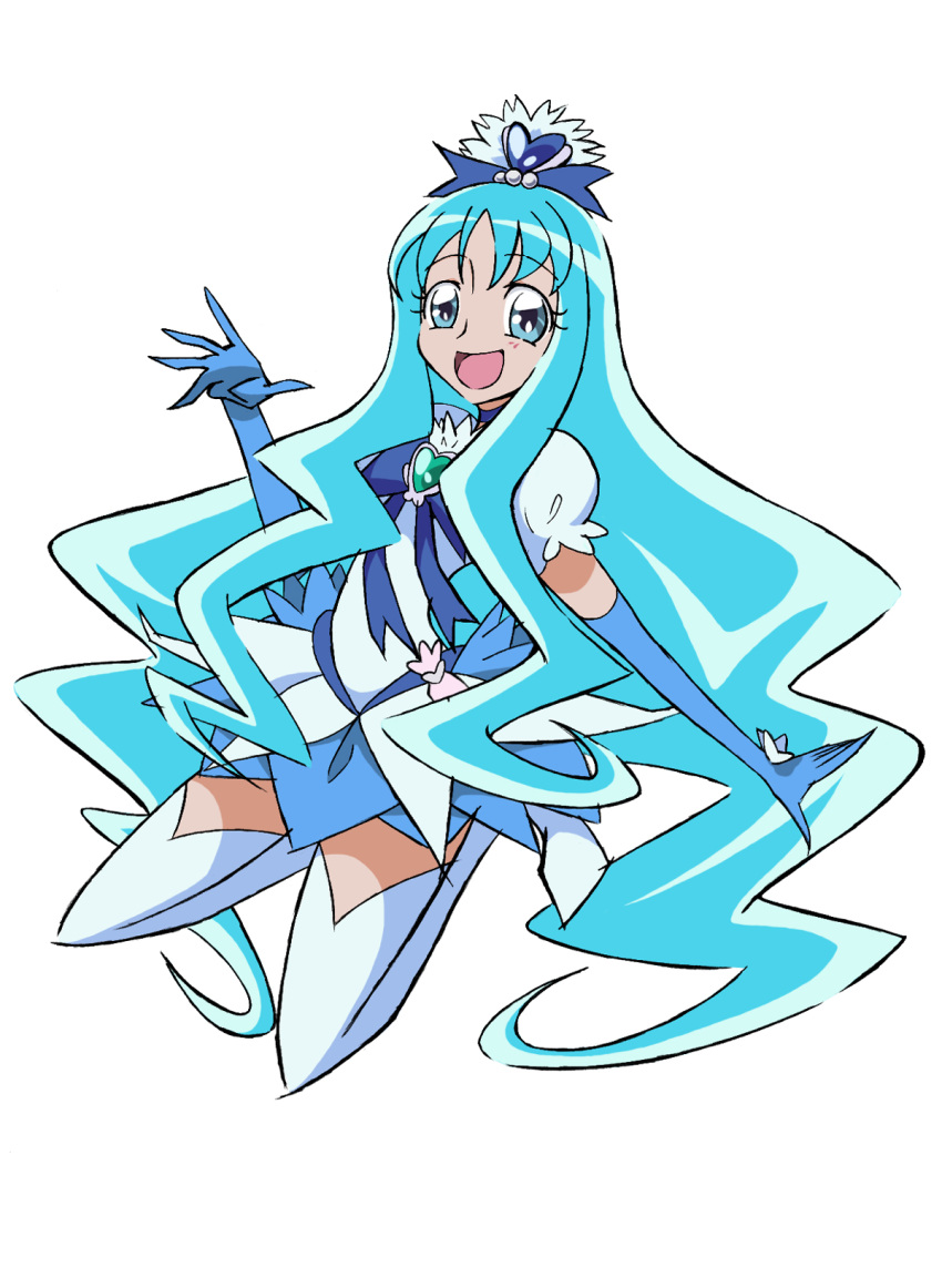 adapted_costume, adult, arudebido, blue_eyes, blue_hair, cure_marine, elbow_gloves, gloves, hair_ornament, heartcatch_precure!, highres, kurumi_erika, long_hair, magical_girl, open_mouth, parody, precure, puffy_sleeves, simple_background, solo, style_parody, thigh-highs, thighhighs, umakoshi_yoshihiko_(style), what_if, white_background, white_legwear