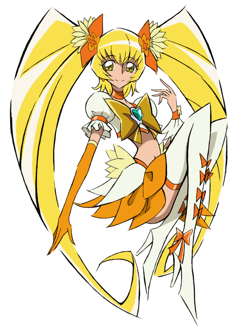 adapted_costume, adult, arudebido, blonde_hair, boots, cure_sunshine, elbow_gloves, gloves, heartcatch_precure!, high_heels, highres, long_hair, magical_girl, midriff, myoudouin_itsuki, parody, precure, shoes, simple_background, solo, style_parody, thigh-highs, thigh_boots, thighhighs, twintails, umakoshi_yoshihiko_(style), what_if, white_background, yellow_eyes