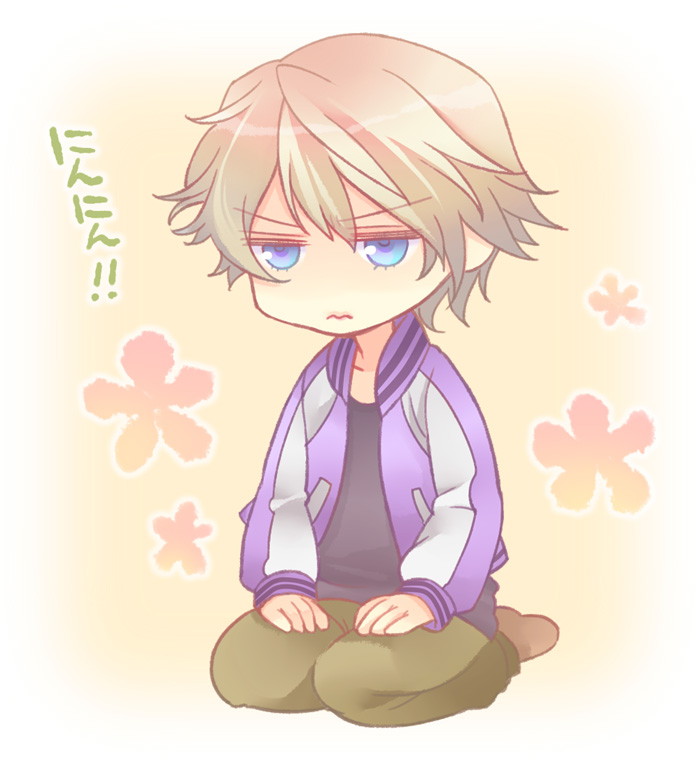 bad_id, blonde_hair, blue_eyes, chibi, gradient_hair, ivan_karelin, jacket, kneeling