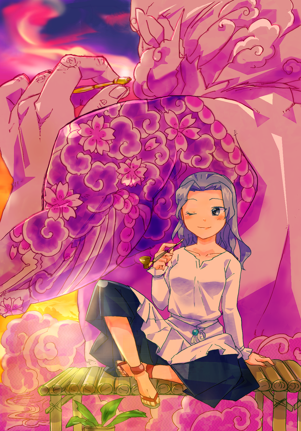 blue_eyes, blue_hair, blush, cloud, flower, highres, kiseru, kumoi_ichirin