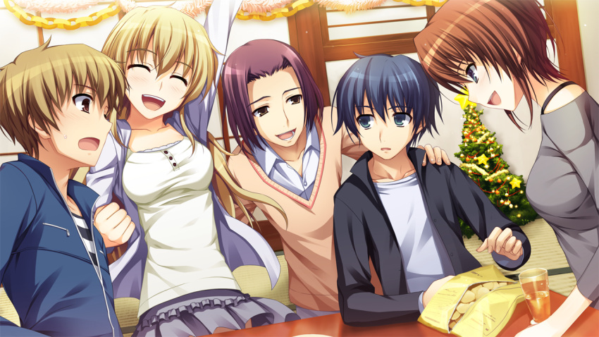 blonde_hair, brown_hair, character_request, food, game_cg, group, koi_de_wa_naku, makishima_yumi