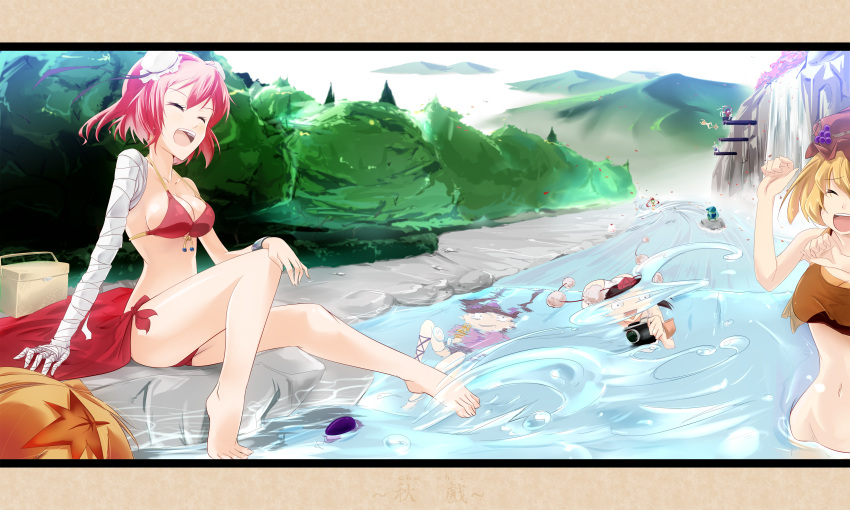 ^_^, absurdres, aki_minoriko, aki_shizuha, bandage, bandages, barefoot, bikini