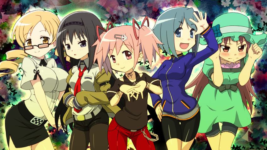 akemi_homura, alternate_costume, amane_suzuha, amane_suzuha_(cosplay), baron_(baron-eros), bent_over, bespectacled, bike_shorts, black_eyes, black_hair, blonde_hair, blue_eyes, blue_hair, blush, breast_squeeze, breasts, chain, chains, cosplay, creator_connection, dress, drill_hair, frown, glasses, hair_ornament, hairband, hairclip, hat, holding, holding_hat, jacket, kaname_madoka, kiryuu_moeka, kiryuu_moeka_(cosplay), kyubey, large_breasts, legwear_under_shorts, long_hair, mahou_shoujo_madoka_magica, makise_kurisu, makise_kurisu_(cosplay), miki_sayaka, miniskirt, multiple_girls, necktie, pantyhose, pink_eyes, pink_hair, red_eyes, red_hair, redhead, ribbon, sakura_kyouko, shiina_mayuri, shiina_mayuri_(cosplay), short_hair, short_twintails, shorts, shorts_under_skirt, skirt, smile, steins;gate, tomoe_mami, twin_drills, twintails, urushibara_luka, urushibara_luka_(cosplay), urushibara_ruka, yellow_eyes
