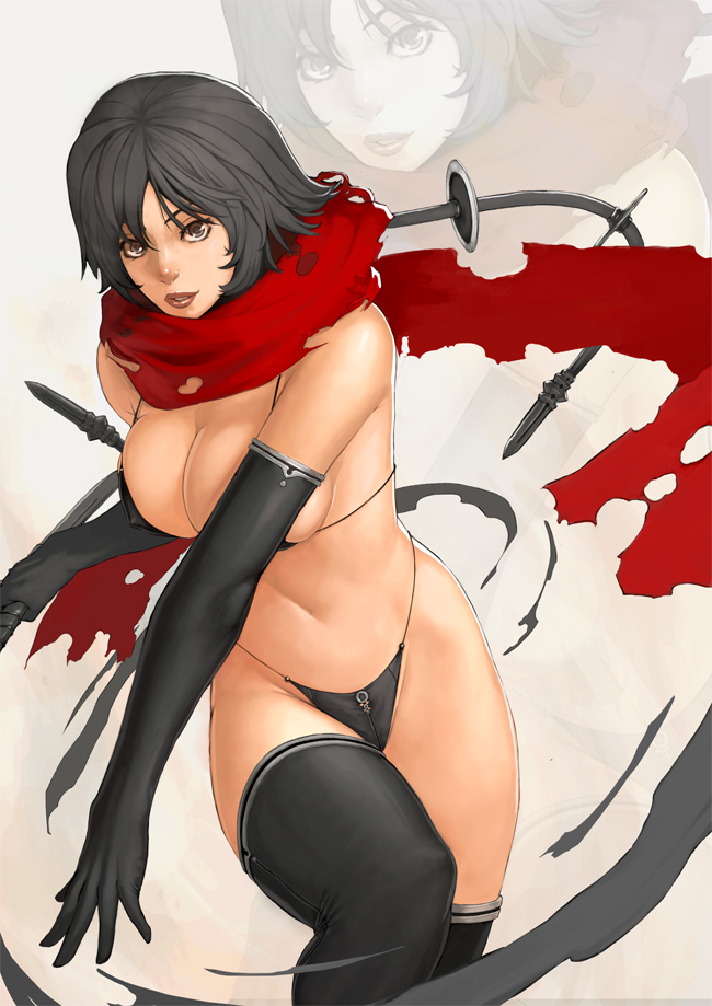 bikini, black_bikini, black_hair, black_legwear, breasts, brown_eyes, cleavage, copyright_request