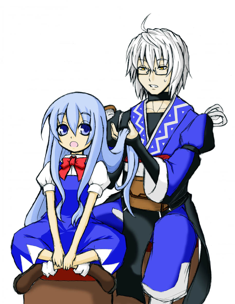 1girl, ahoge, alternate_hair_length, alternate_hairstyle, blue_dress, blue_eyes, blue_hair, bridal_gauntlets