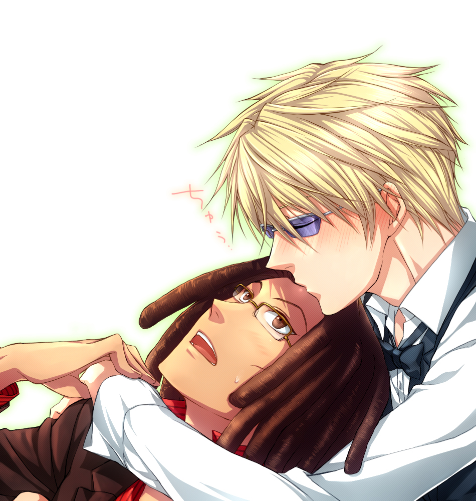 blonde_hair, blush, bowtie, brown_eyes, brown_hair, durarara!!, forehead_kiss, formal