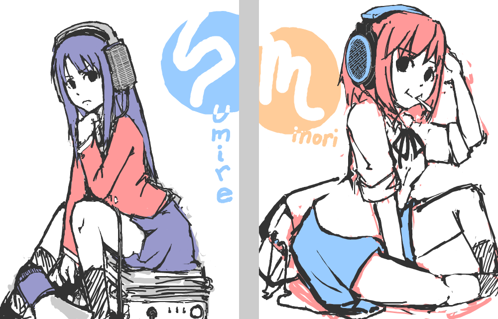 blue_hair, flat_color, footwear, headphones, kanzaki_sumire, kushieda_minori, megaphone, mouth_hold, multiple_girls, pan!ies, pantsu-pirate, red_hair, redhead, school_uniform, sennheiser, short_hair, sitting, sleeves_rolled_up, socks, stax, toradora!