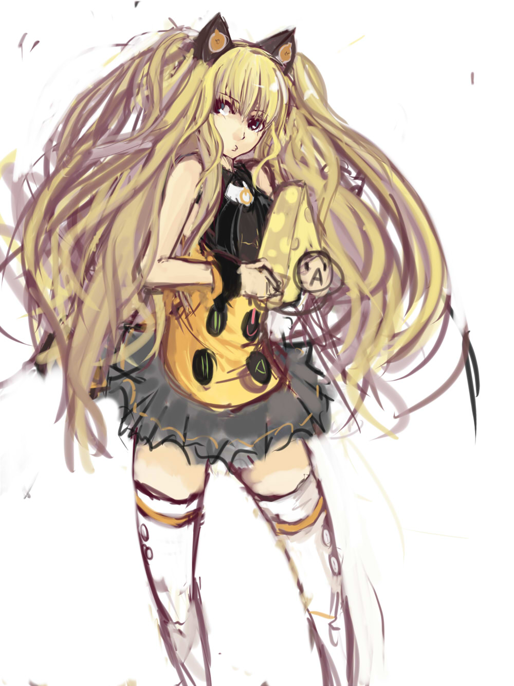 bare_shoulders, big_hair, blonde_hair, blue_eyes, cat_ears, cheese, highres, long_hair, pan!ies, pantsu-pirate, seeu, thigh-highs, thighhighs, very_long_hair, vocaloid, white_legwear, zettai_ryouiki