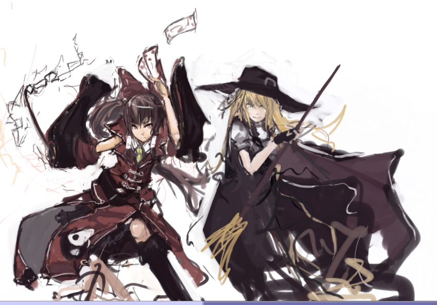 bow, broom, cape, cowboy_hat, detached_sleeves, gohei, hair_bow, hair_tubes
