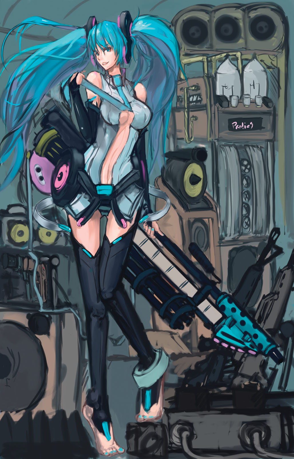 aqua_eyes, aqua_hair, barefoot, breasts, center_opening, gun, hair_ribbon, hatsune_miku