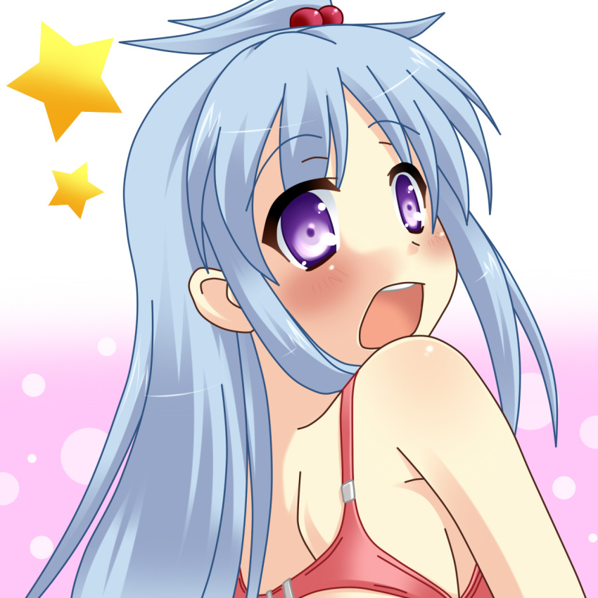 bad_id, bare_shoulders, blue_eyes, blue_hair, blush, bra, hair_bobbles, hair_ornament