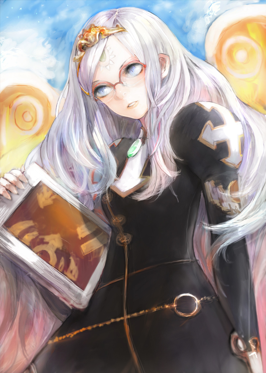 bad_id, espgaluda, glasses, highres, jasmine_(jasco), long_hair, tiara, white_hair