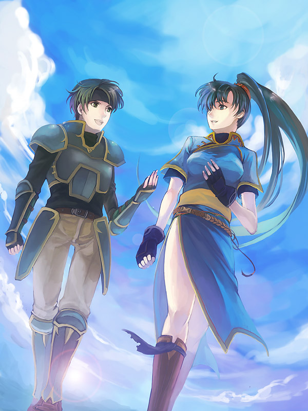 belt, boots, fingerless_gloves, fire_emblem, fire_emblem:_rekka_no_ken, fire_emblem_blazing_sword, gloves, green_eyes, green_hair, headband, high_ponytail, kaito_(sawayakasawaday), long_hair, lyndis_(fire_emblem), ponytail, sain, sain_(fire_emblem), sky, smile