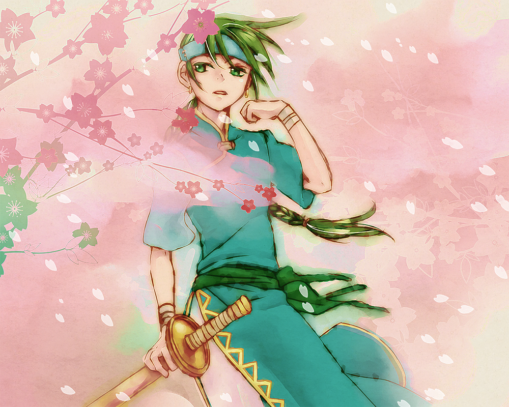 1boy, braid, cherry_blossoms, earrings, fire_emblem, fire_emblem:_rekka_no_ken, flower, green_eyes, green_hair, guy_(fire_emblem), headband, long_hair, petals, single_braid, solo, sword