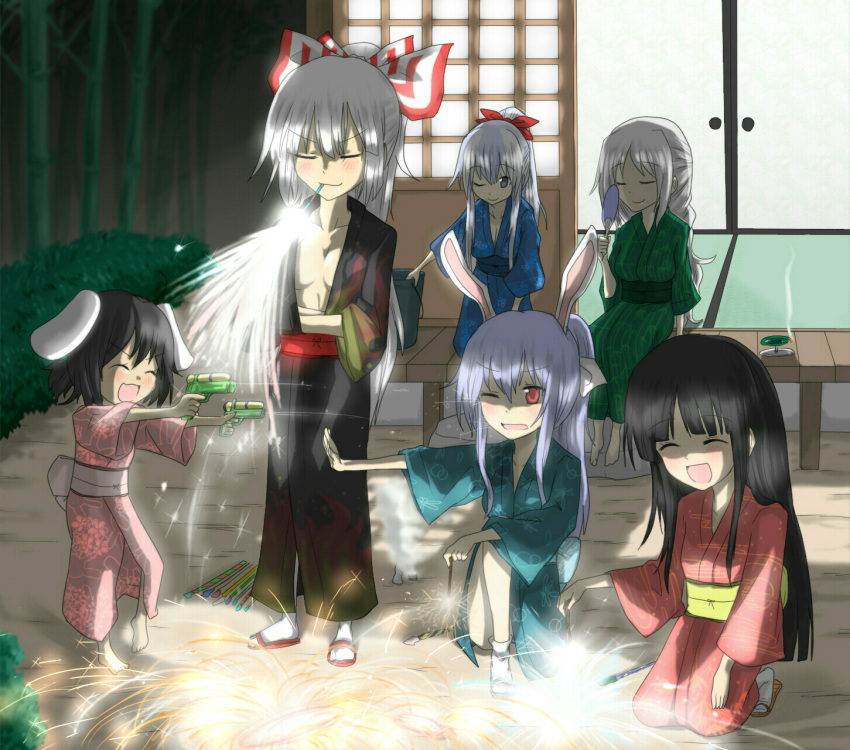 6+girls, animal_ears, black_hair, blue_hair, blush, bow, bunny_ears, closed_eyes