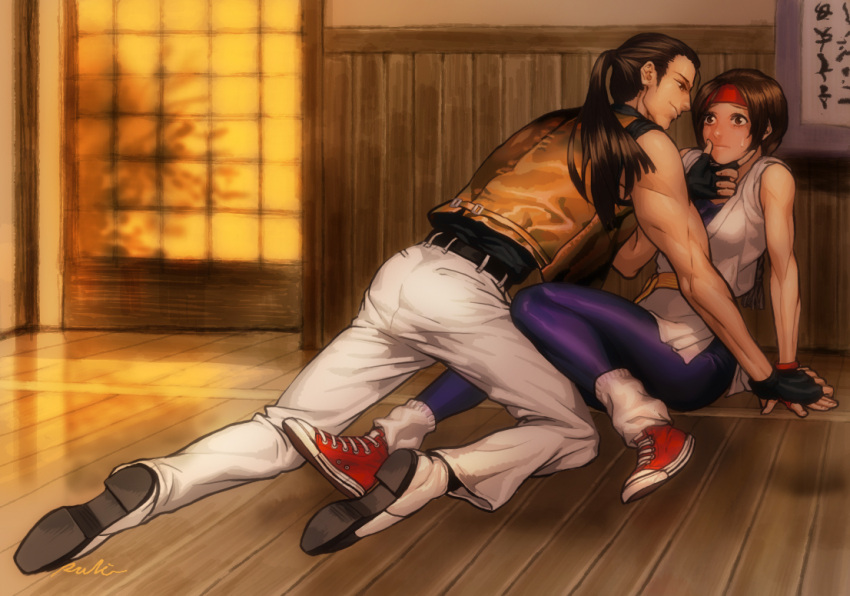 1boy, 1girl, chin_grab, converse, couple, dougi, fingerless_gloves, gloves