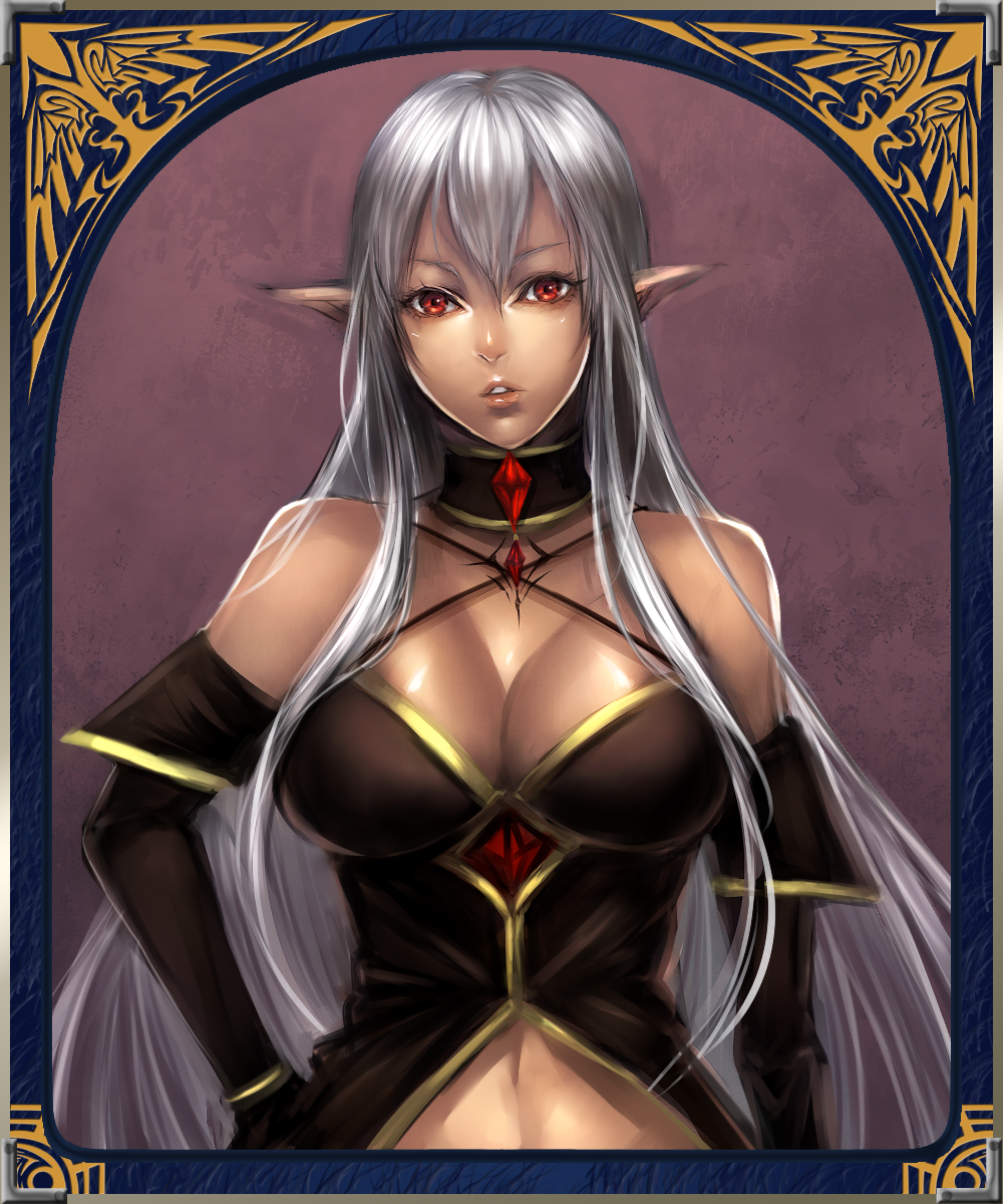 breasts, bust, bustier, choker, cleavage, dark_elf, dark_skin, elf