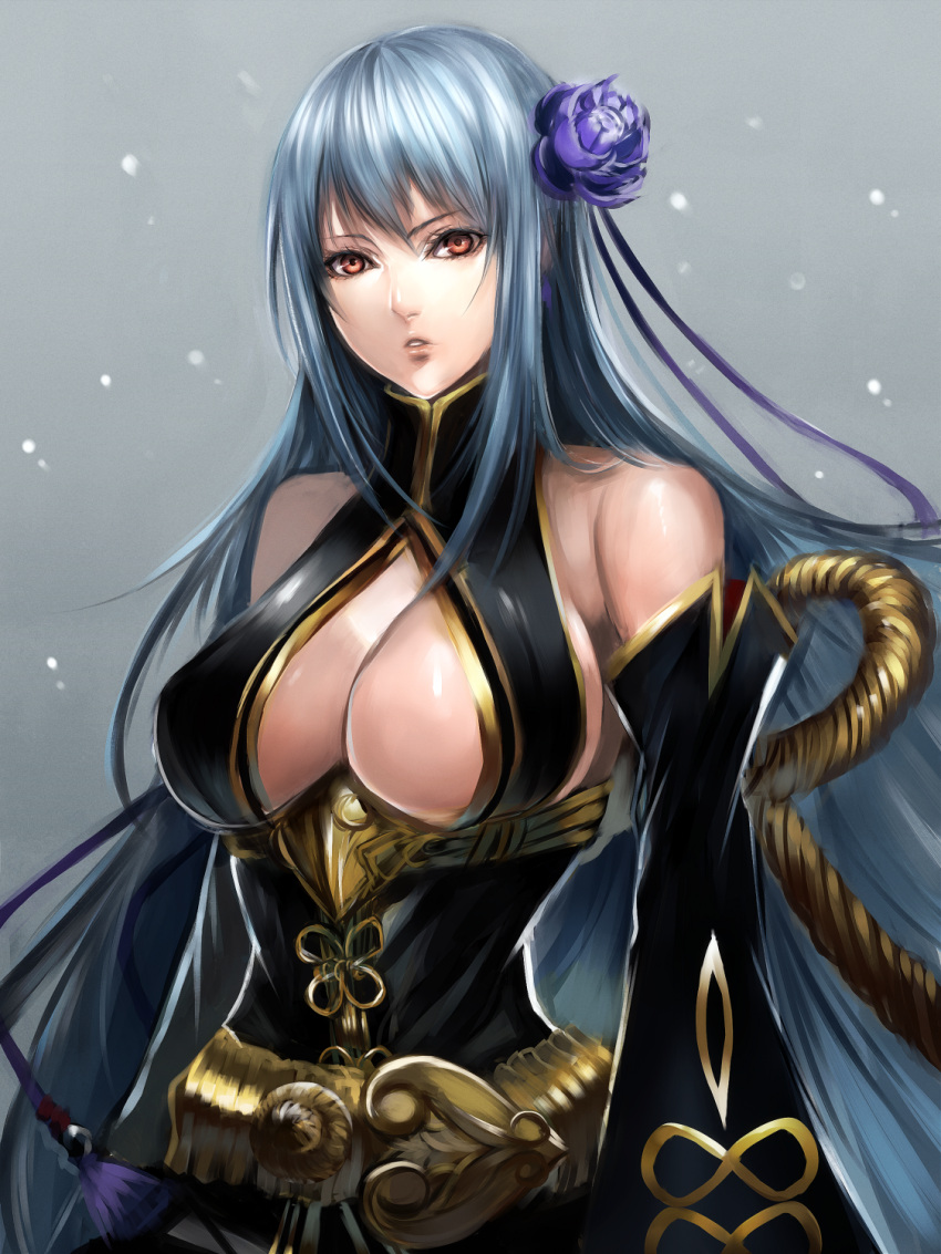 breasts, cleavage, cleavage_cutout, detached_sleeves, flower, gurozuki, hair_flower, hair_ornament
