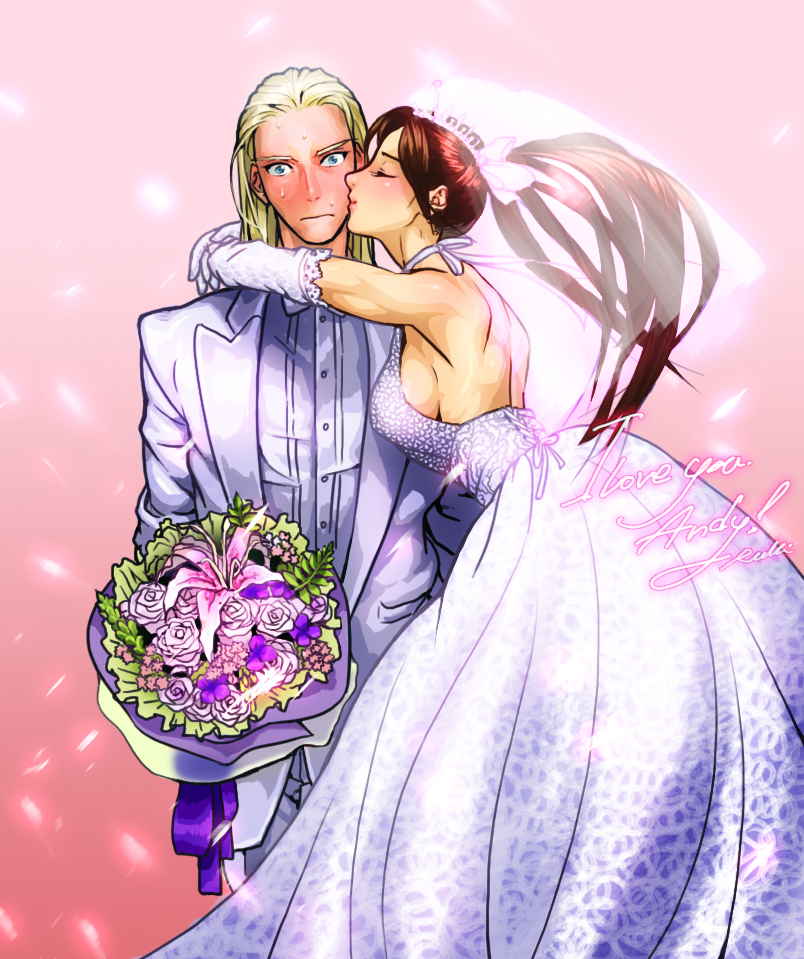 1girl, andy_bogard, blonde_hair, blue_eyes, blush, bouquet, bowtie, breasts
