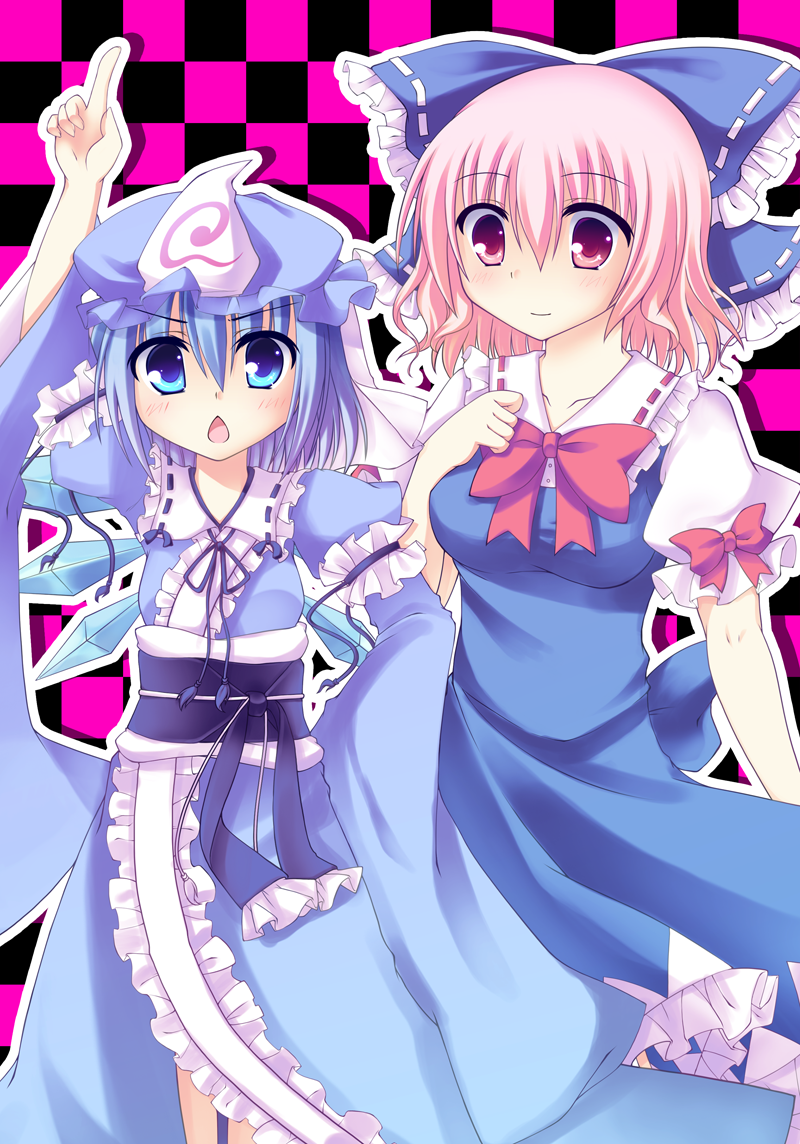 bad_id, blue_dress, blue_eyes, blue_hair, bow, cirno, cosplay, costume_switch, dress, fujisaki_kaon, hair_bow, hand_on_own_chest, hand_to_chest, hat, multiple_girls, open_mouth, pink_eyes, pink_hair, pointing, pointing_up, saigyouji_yuyuko, sash, short_hair, smile, touhou, wings